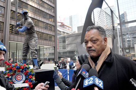 Ernie Banks statue stand at Chicago's Daley Plaza through Saturday, January 31, 2015