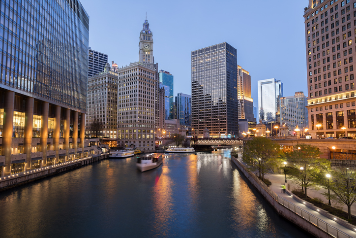 Downtown Chicago Skyscraper Cityscape at Dusk, Illinois