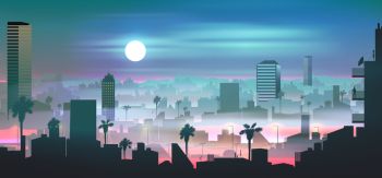 City skyline in tropical country landscape with palm tree at night