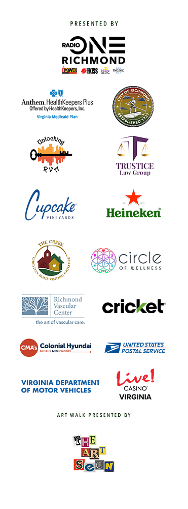 Logos and branding for various companies and organizations, including Radio One Richmond, Anthem HealthKeepers Plus, Trustice Law Group, Cupcake Vineyards, Heineken, and others.