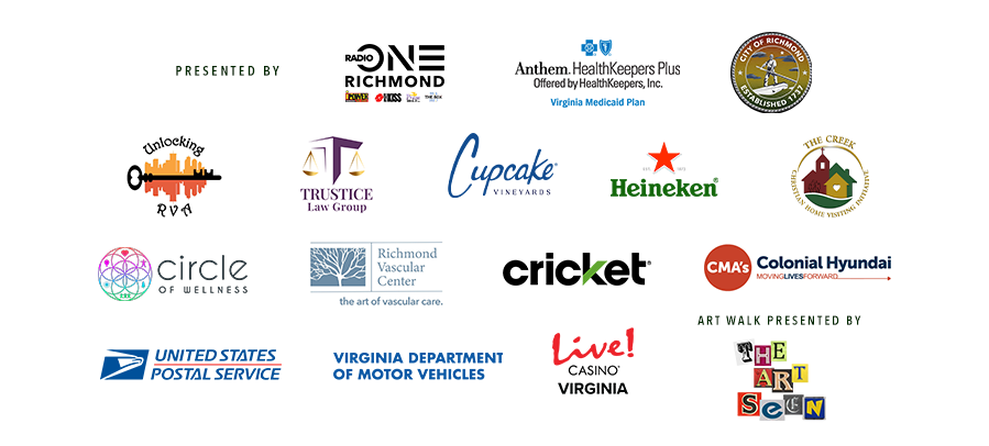 A collage of logos and branding for various businesses, organizations, and services including Radio One, Anthem HealthKeepers Plus, Trustice Law Group, Cupcake Vineyards, Heineken, The Creek, Circle of Wellness, Richmond Vascular Center, Cricket, Colonial Hyundai, United States Postal Service, and Virginia Department of Motor Vehicles.