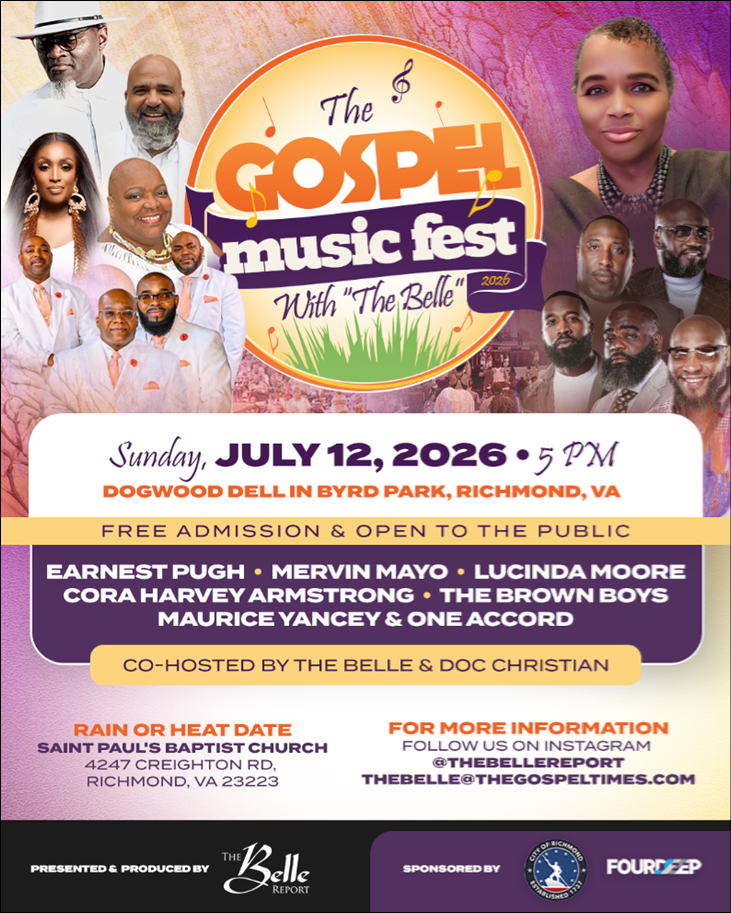 The Gospel Music Fest with "The Belle" event poster featuring various gospel artists performing on July 12, 2026 at Dogwood Dell in Byrd Park, Richmond, VA.