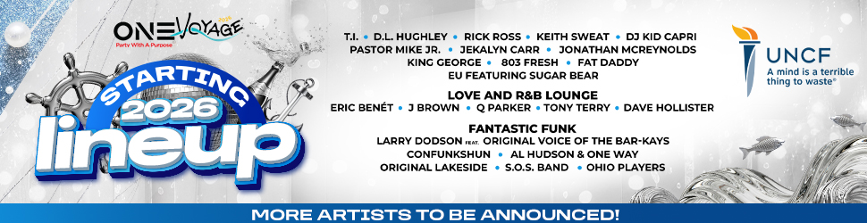 One Voyage music festival lineup poster featuring artists like T.I., D.L. Hughley, Rick Ross, Keith Sweat, and DJ Kid Capri, starting in 2026.