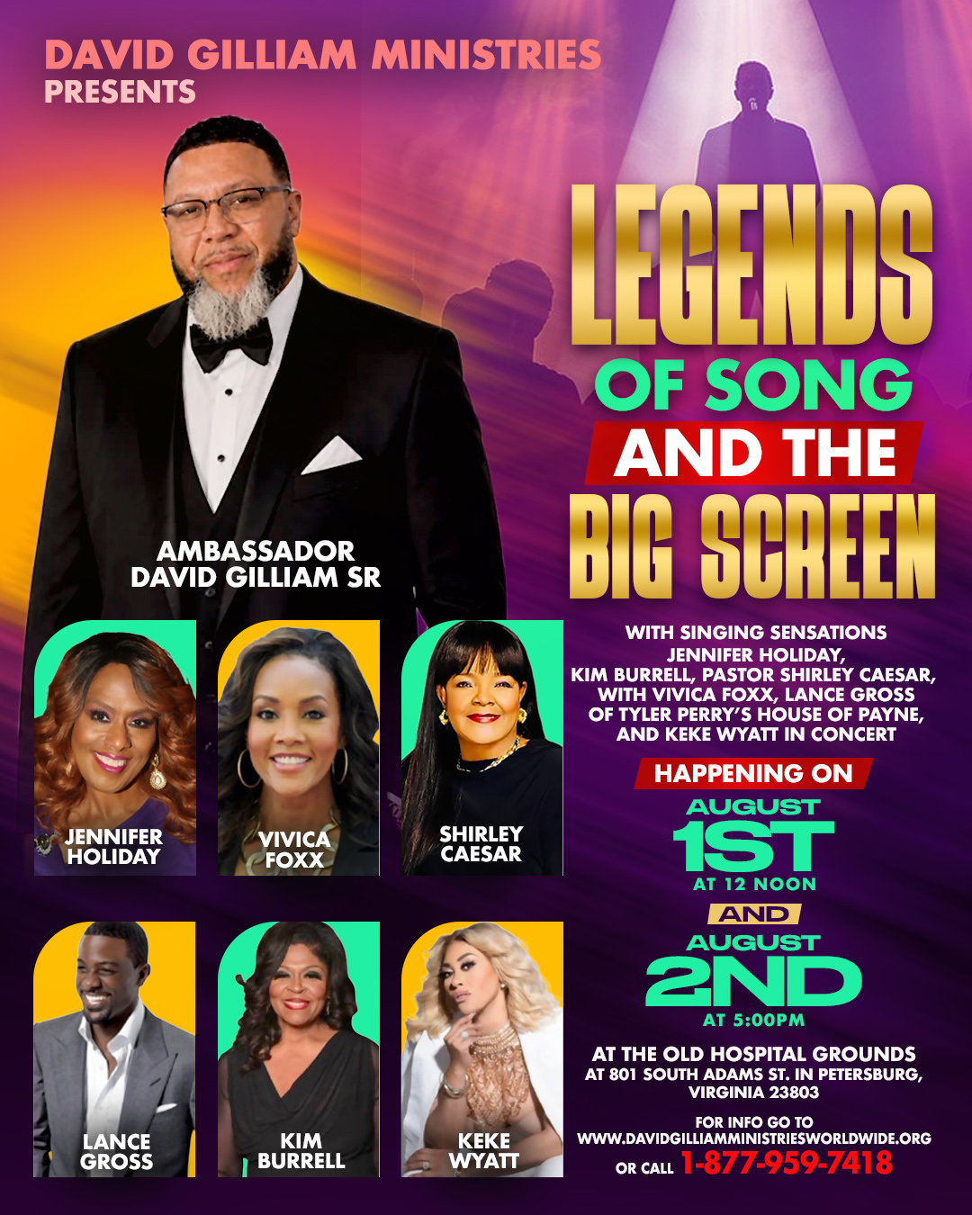 A promotional poster for a gospel music event featuring David Gilliam Ministries, with images of the performers Jennifer Holiday, Vivica Foxx, Shirley Caesar, Lance Gross, Kim Burrell, and Keke Wyatt.