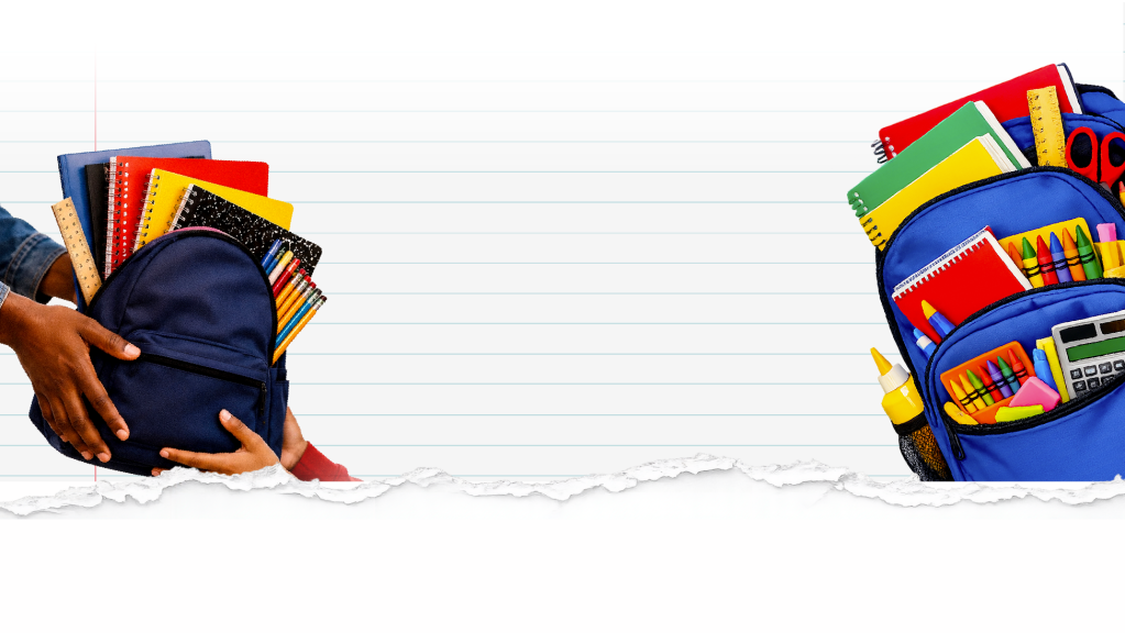 Backpacks and school supplies arranged on a white background, with a torn paper effect.