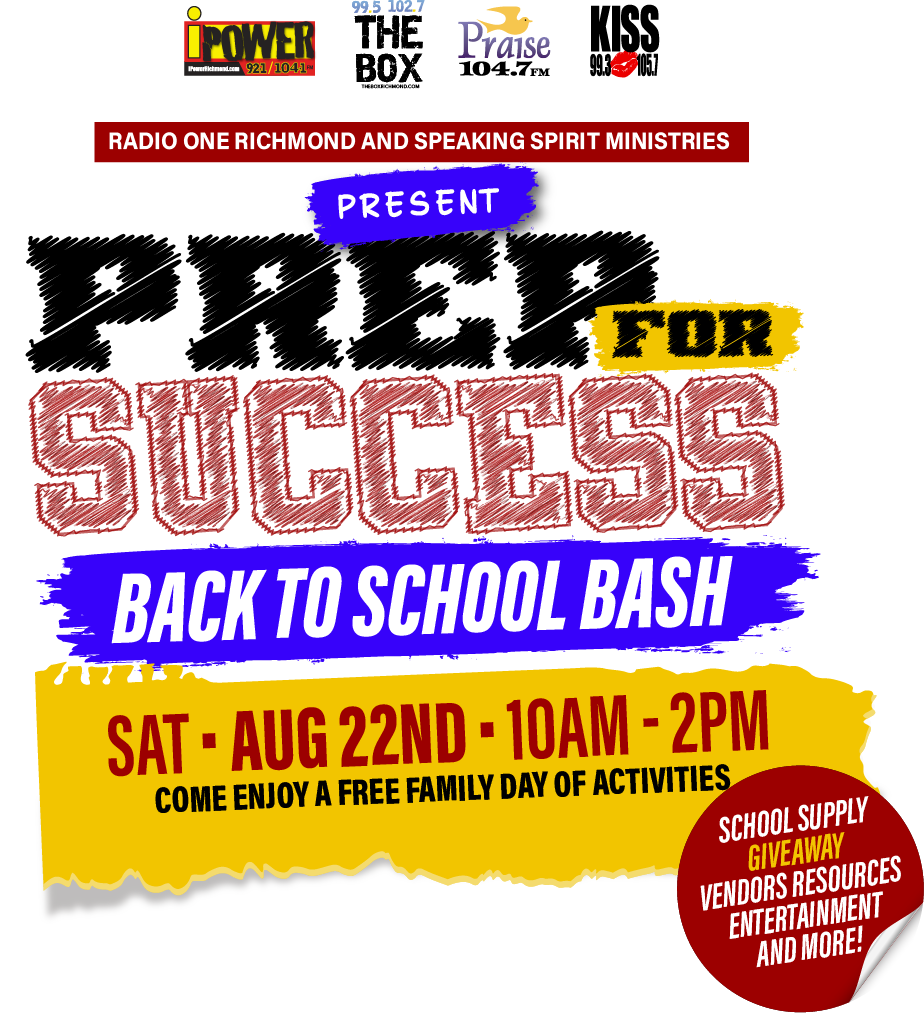Radio One Richmond and Speaking Spirit Ministries present a "Back to School Bash" event on August 22nd from 10am to 2pm, featuring a school supply giveaway, vendors, resources, and entertainment.