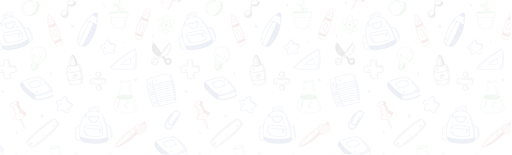Repeating pattern of school and office supply icons in blue, red, and green on a green background.