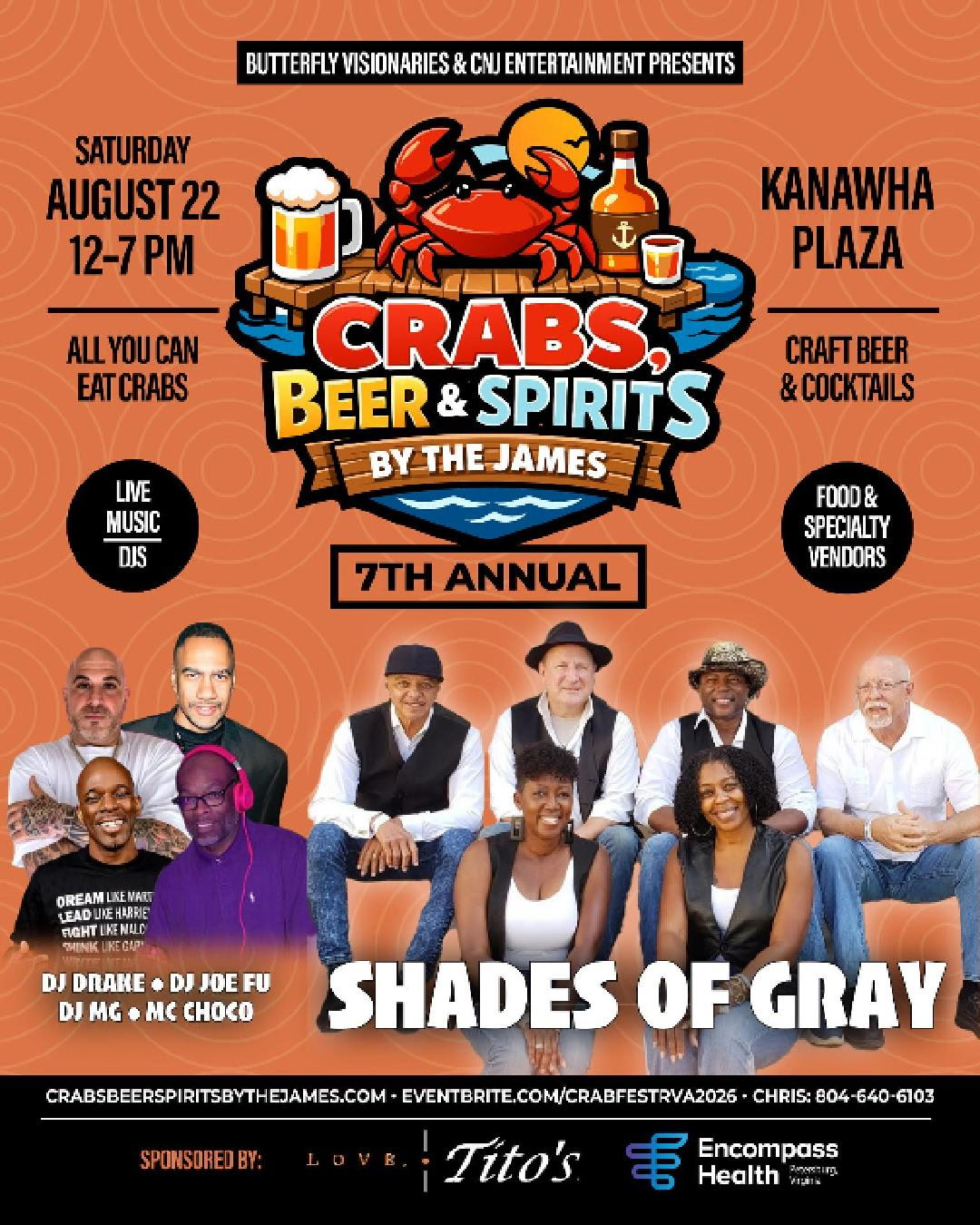 Promotional poster for the 7th annual "Crabs, Beer & Spirits by the James" event at Kanawha Plaza, featuring the band Shades of Gray and other entertainment.