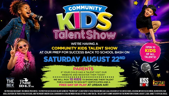 Community Kids Talent Show poster featuring young performers singing and dancing on stage with text promoting the event on August 22nd.
