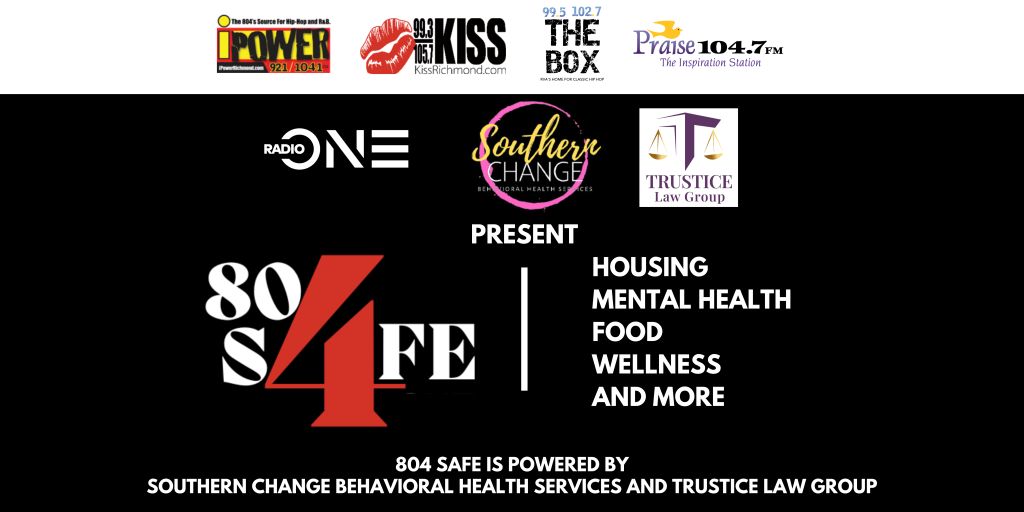 Radio One, Southern Change, Trustice Law Group, and various radio station logos and branding promoting housing, mental health, food, wellness, and more.