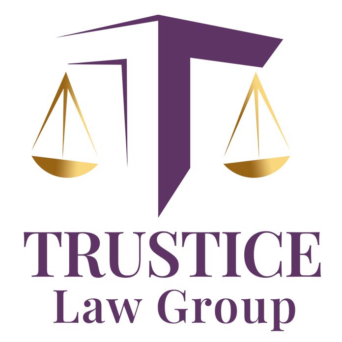 Purple scales of justice icon with text "TRUSTICE Law Group