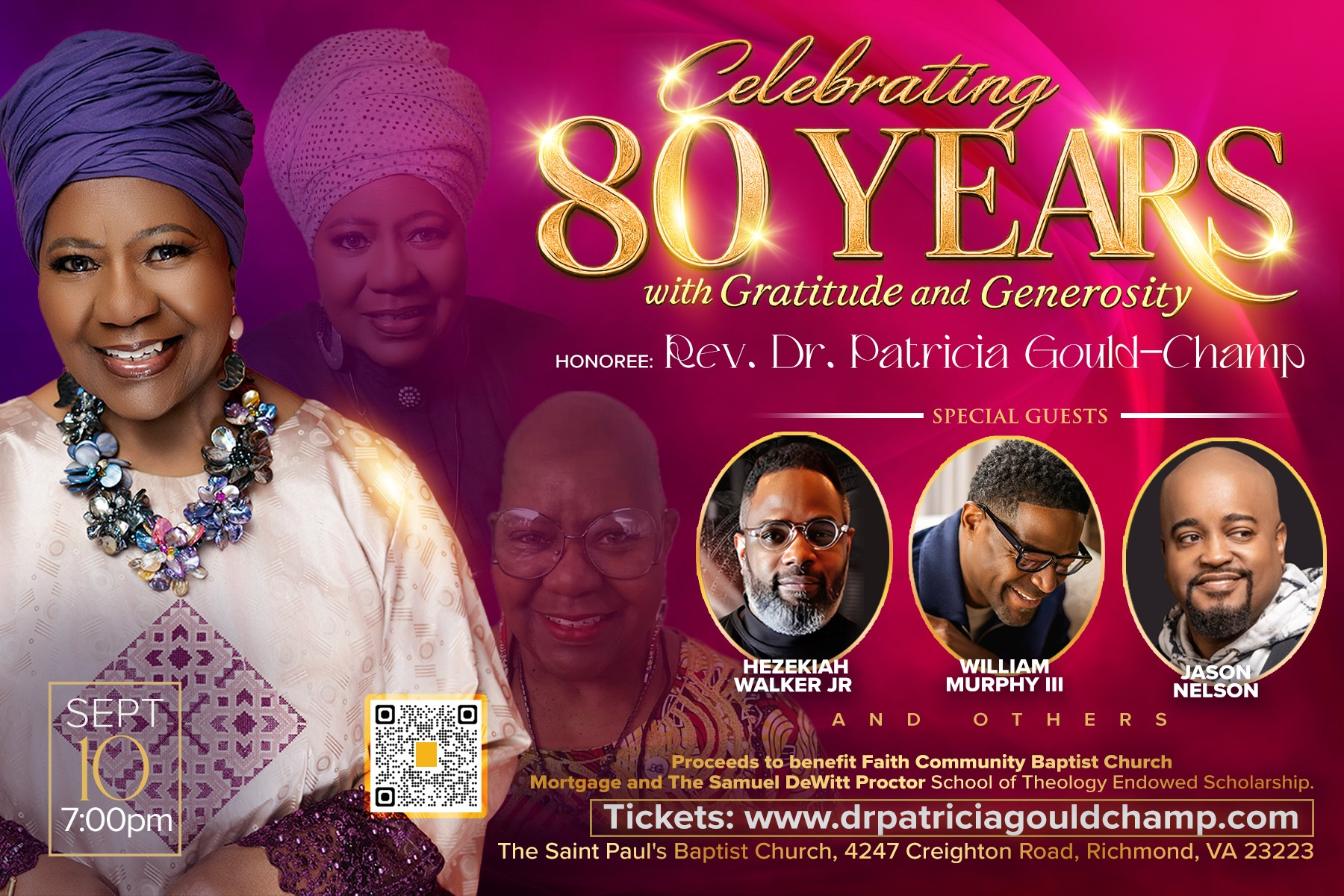 Celebrating 80 years with gratitude and generosity. Event honoring Rev. Dr. Patricia Gould-Champ, with special guests Hezekiah Walker Jr., William Murphy III, and Jason Nelson.