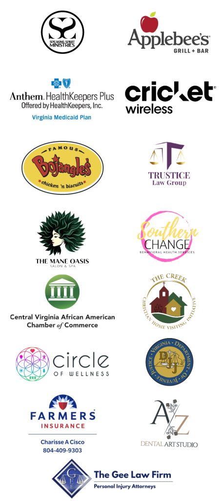 Logos and branding for various businesses and organizations, including Speaking Spirit Ministries, Applebee's, Anthem HealthKeepers Plus, Cricket Wireless, Bojangles, The Mane Oasis, Central Virginia African American Chamber of Commerce, Circle of Wellness, Farmers Insurance, Dental Art Studio, and The Gee Law Firm.