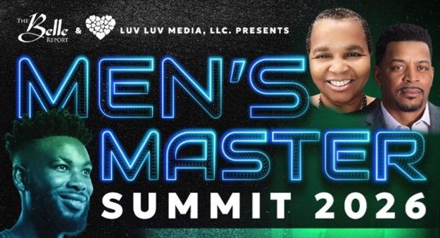 Neon sign for "Men's Master Summit 2026" event, featuring two smiling African American men in formal attire.