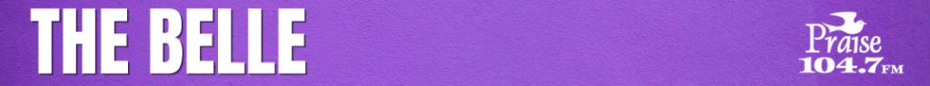 The Belle 104.7 FM radio station logo on a purple background.